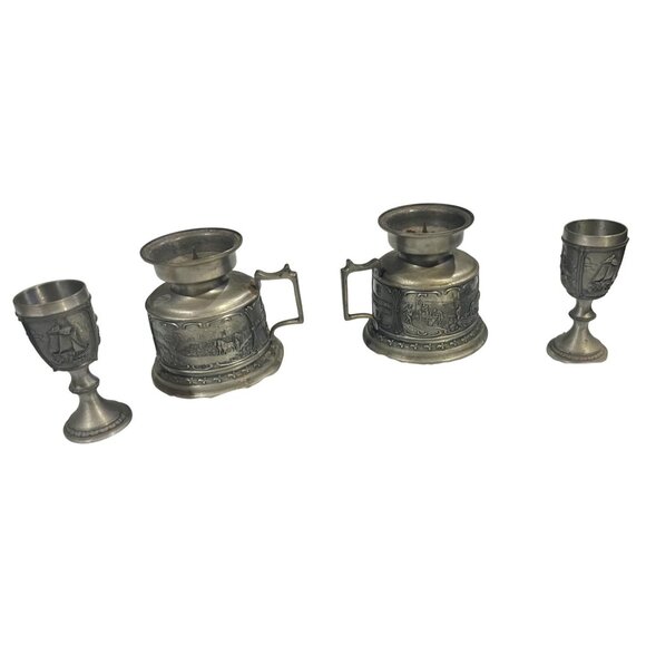 Vintage German Pewter Candle Holder & Goblet Set GUETEZEICHEN ZINNGERAT RAL GERM - Picture 1 of 8